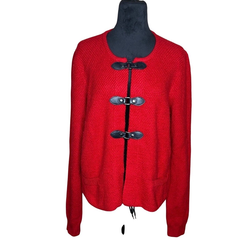 Cynthia Rowley Red Knit Cardigan Sweater Faux Leather Toggle Closure XL Preppy
